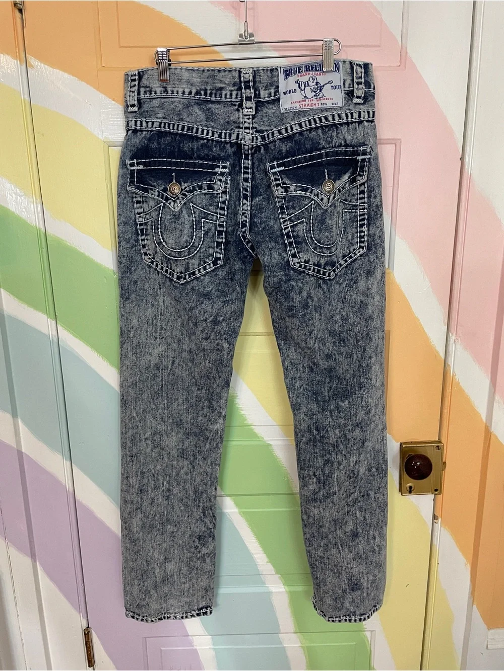 True Religion Acid Wash Denim Straight Super T Flap Pockets Jeans Men’s 36 🧡🎀
